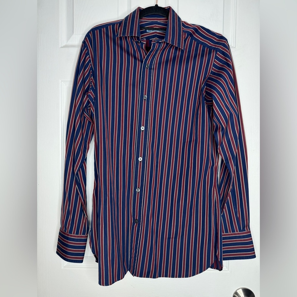 SEIZE SUR‎ VINGT Men’s 100% Cotton Maroon Blue Striped Italian Button Down